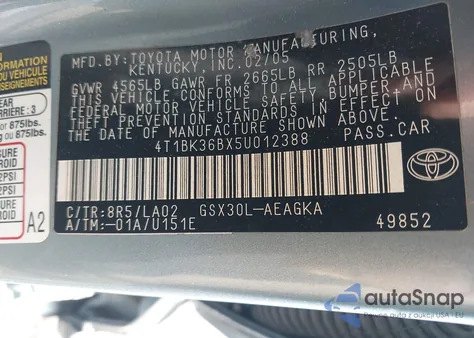 2005 Toyota Avalon Xls from USA, damaged, VIN 4T1BK36BX5U012388